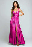 Vestido formal plisado metálico Sliver A Line con abertura