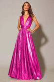 Vestido formal plisado en línea A metálico dorado