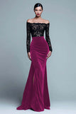 Vestido formal de terciopelo de encaje de sirena con hombros descubiertos y negro con abertura