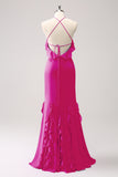 Vestido largo de dama de honor de gasa con volantes halter de sirena de Salvia polvorienta