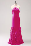Vestido largo de dama de honor de gasa con volantes halter de sirena de Salvia polvorienta
