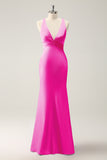 Vestido largo de dama de honor de satén con cuello en V de sirena Eucalipto