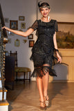 Vestido años 20 negro rojo con flecos y cuentas estilo flapper