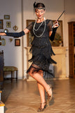 Vestido años 20 negro rojo con flecos y cuentas estilo flapper