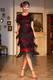 Vestido años 20 negro rojo con flecos y cuentas estilo flapper