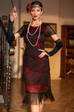 Vestido años 20 negro rojo con flecos y cuentas estilo flapper