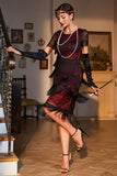 Vestido años 20 negro rojo con flecos y cuentas estilo flapper