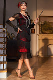 Vestido años 20 negro rojo con flecos y cuentas estilo flapper