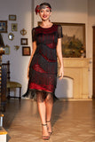 Vestido años 20 negro rojo con flecos y cuentas estilo flapper