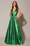 Vestido formal plisado en línea A metálico dorado
