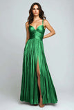 Vestido formal plisado metálico Sliver A Line con abertura