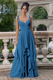 Vestido largo de dama de honor con tirantes de espagueti de línea Eucalipto A con volantes