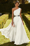 Vestido Maxi de Achiffon de Línea Oliva de un solo hombro