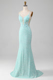Vestido de fiesta de sirena brillante con lentejuelas con abertura