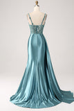 Vestido de fiesta de satén color champán sirena con corsé lentejuelas cola Watteau con abertura