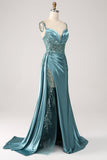 Vestido de fiesta de satén color champán sirena con corsé lentejuelas cola Watteau con abertura