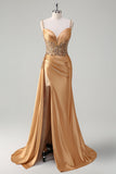 Vestido de fiesta de satén color champán sirena con corsé lentejuelas cola Watteau con abertura
