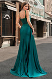 Vestido de fiesta de satén color champán sirena con corsé lentejuelas cola Watteau con abertura