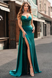 Vestido de fiesta de satén color champán sirena con corsé lentejuelas cola Watteau con abertura
