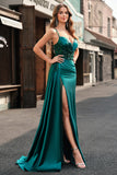 Vestido de fiesta de satén color champán sirena con corsé lentejuelas cola Watteau con abertura