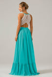 Vestido de dama de honor largo de gasa boho ojo de cerradura de lila con encaje
