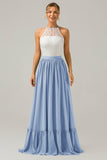 Vestido de dama de honor largo de gasa boho ojo de cerradura de lila con encaje
