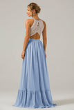 Vestido de dama de honor largo de gasa boho ojo de cerradura de lila con encaje