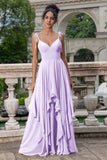Vestido largo de dama de honor con tirantes de espagueti de línea Eucalipto A con volantes