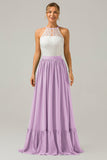 Vestido de dama de honor largo de gasa boho ojo de cerradura de lila con encaje