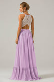 Vestido de dama de honor largo de gasa boho ojo de cerradura de lila con encaje