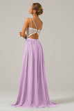 Vestido de dama de honor largo de gasa boho con espalda abierta de lila con encaje