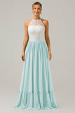Vestido de dama de honor largo de gasa boho ojo de cerradura de lila con encaje