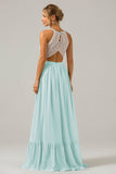 Vestido de dama de honor largo de gasa boho ojo de cerradura de lila con encaje