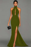 Vestido elegante negro de satén con cuello halter y corte sirena