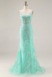 Corsé de lentejuelas sirena, vestido largo de baile verde menta con bordado
