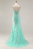 Corsé de lentejuelas sirena, vestido largo de baile verde menta con bordado