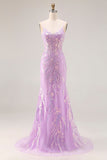 Corsé de sirena morado brillante, lentejuelas, vestido largo de graduación con apliques de encaje