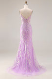 Corsé de sirena morado brillante, lentejuelas, vestido largo de graduación con apliques de encaje