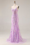 Corsé de sirena morado brillante, lentejuelas, vestido largo de graduación con apliques de encaje
