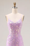 Corsé de sirena morado brillante, lentejuelas, vestido largo de graduación con apliques de encaje
