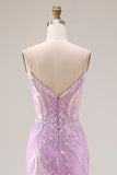 Corsé de sirena morado brillante, lentejuelas, vestido largo de graduación con apliques de encaje