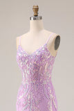 Corsé de sirena morado brillante, lentejuelas, vestido largo de graduación con apliques de encaje