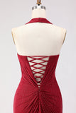 Vestido largo de baile de graduación con agujeros de sirena rojo oscuro con cuentas y corte