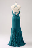 Vestido largo de dama de honor de gasa con volantes halter de sirena de Salvia polvorienta