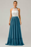 Vestido de dama de honor largo de gasa boho ojo de cerradura de lila con encaje