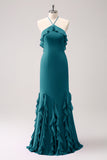 Vestido largo de dama de honor de gasa con volantes halter de sirena de Salvia polvorienta