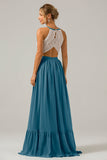 Vestido de dama de honor largo de gasa boho ojo de cerradura de lila con encaje