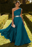 Vestido Maxi de Achiffon de Línea Oliva de un solo hombro