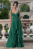 Vestido largo de dama de honor con tirantes de espagueti de línea Eucalipto A con volantes