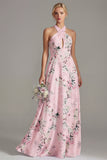 Vestido largo largo de dama de honor rosa con escote en A y cuello halter